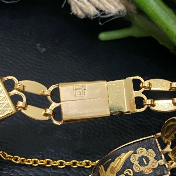 Vintage Damascene Gold-tone Enameled Birds & Flowers Link 8” Bracelet 16.3g - Picture 15 of 15